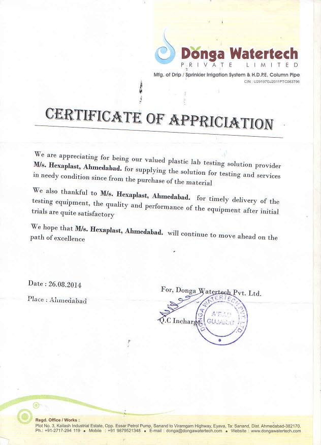 Image of Certificate of Appreciation by Donga Watertech PVT. Ltd.