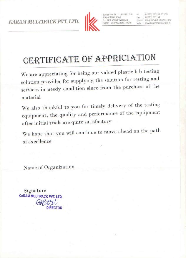 Image of Certificate of Appreciation by Karam Multipack PVT. Ltd.