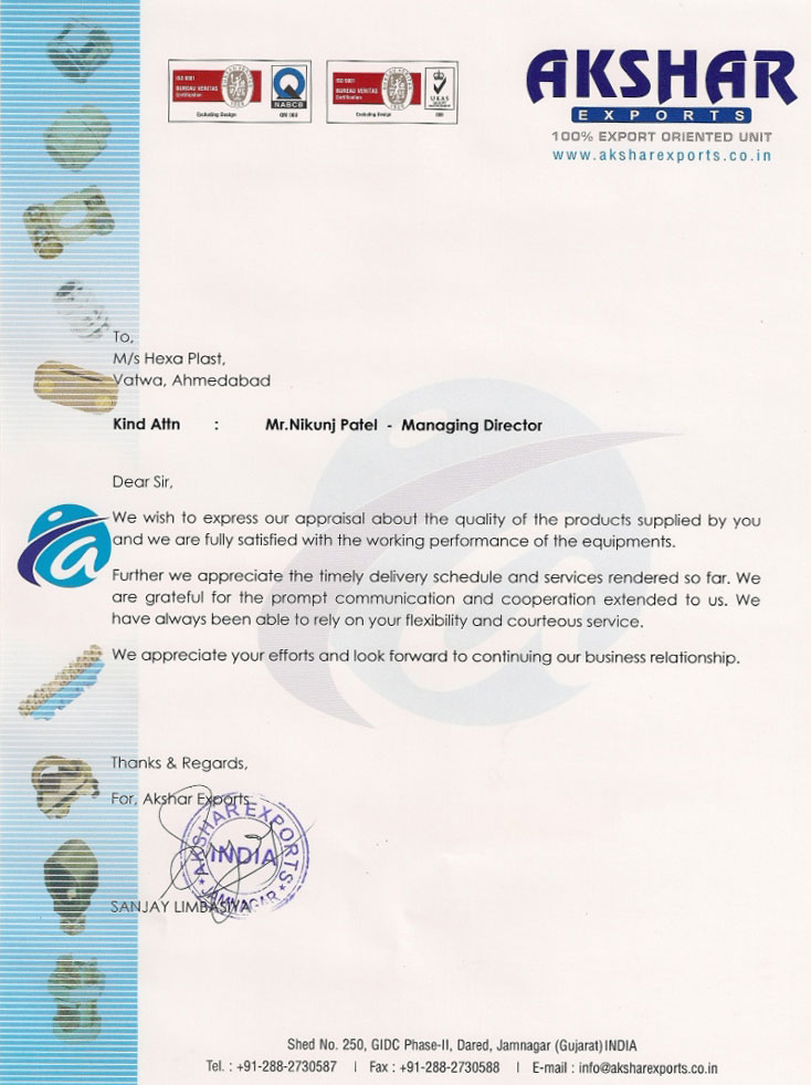 Image of testimonial letter by Akshar Exports