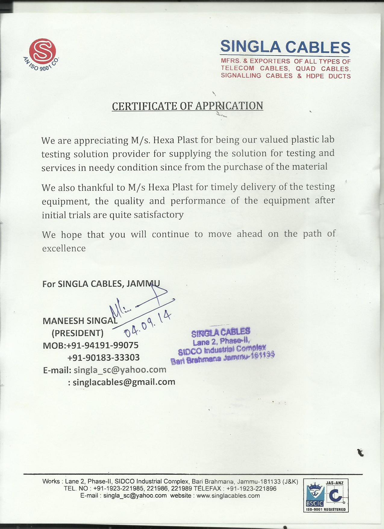 Image of Certificate of Appreciation by Singla Cables