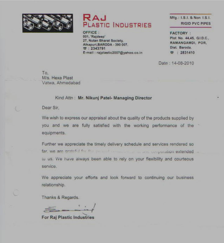 Image of testimonial letter by Raj Plastic Industries