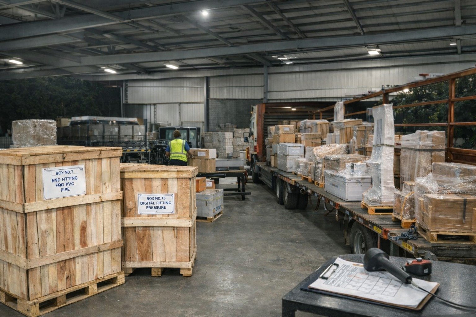 Warehouse scene with a worker in a safety vest organizing wooden crates labeled "PVC Pipe" and "Digital Fitting Pressure." Forklift and large trailer in view.